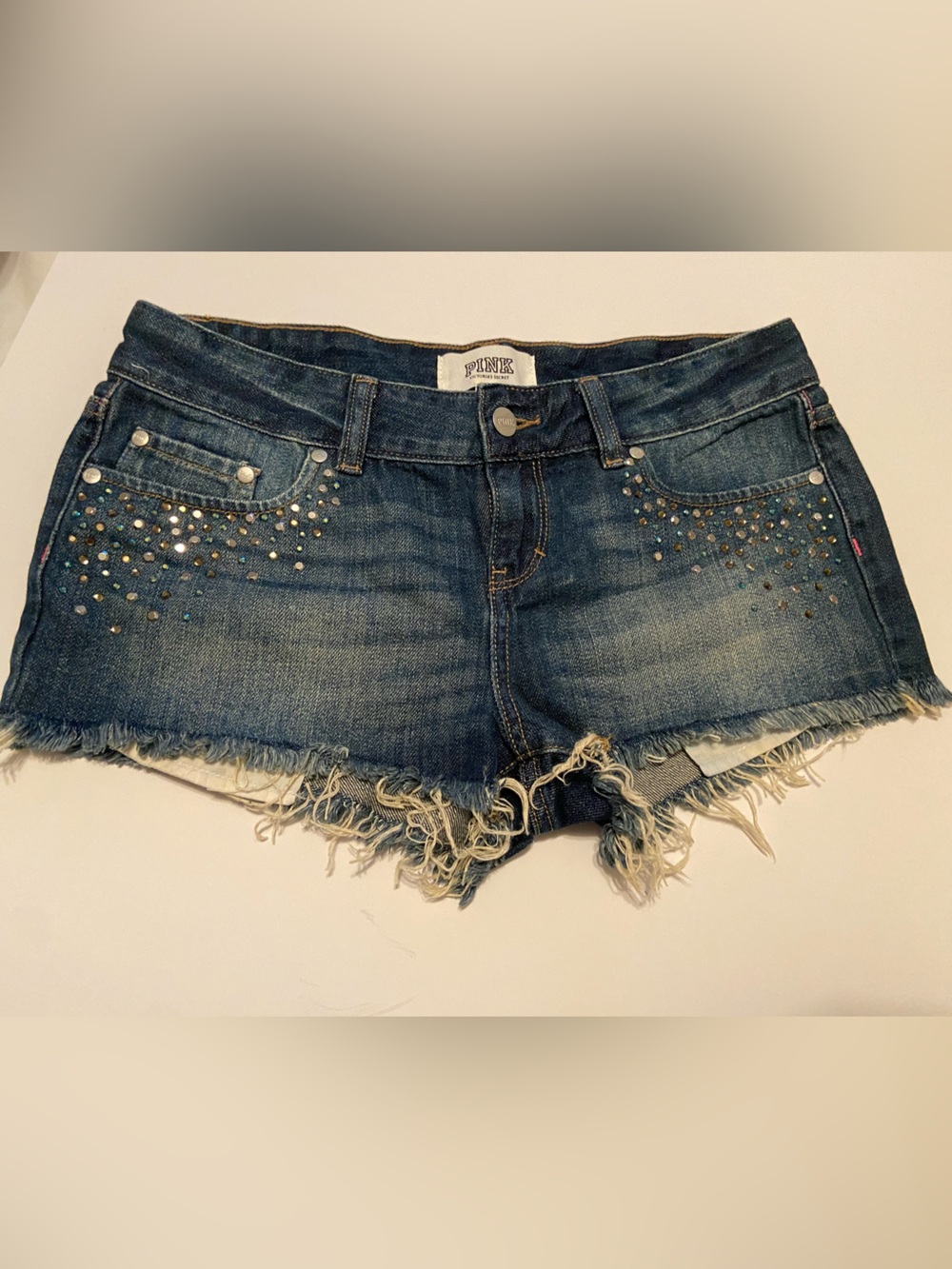 PINK Victoria's Secret Dark Blue Distressed Denim Jean Shorts with Studs